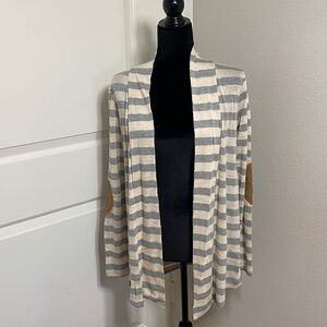 ALWAYS ME' Linen Blend Striped Small Blue Suede Patchwork Sleeve A-Line Cardigan